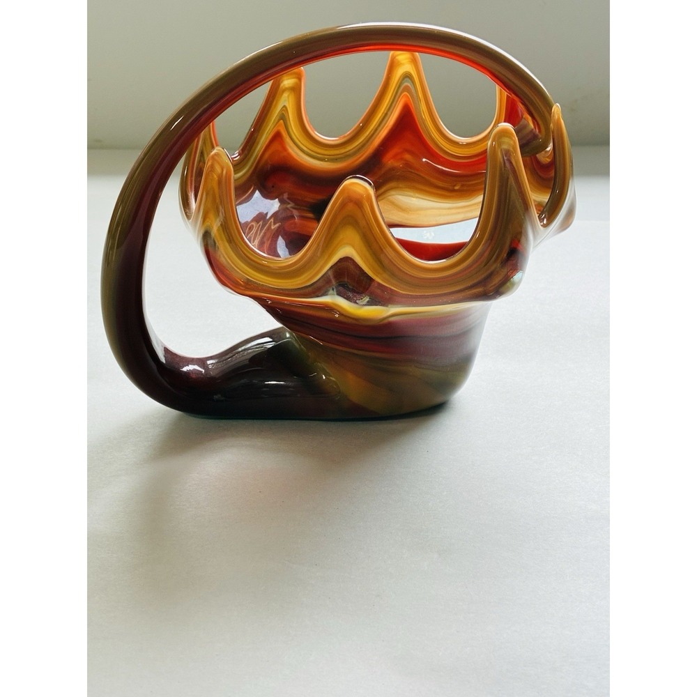 Vintage Hand Blown Small Glass Bowl Crimped Abstract With Handle Art Deco